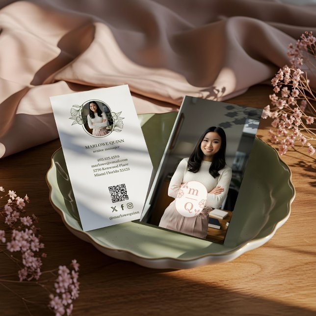 Luxury Minimal Modern Simple Professional Photo Business Card (Elegant Floral Botanical Monogram Crest Logo Brand Business Card)