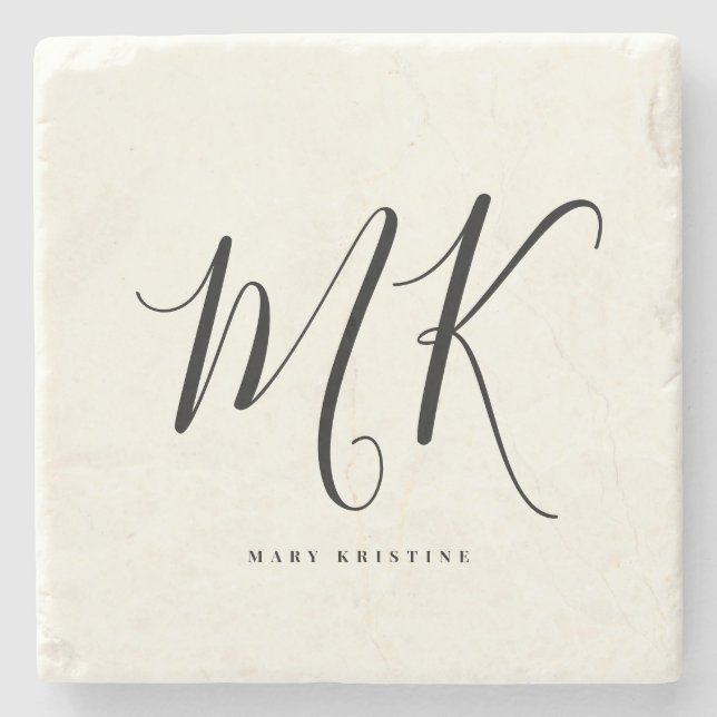 Luxury Minimal Monogram Black Ivory Chic Stylish  Stone Coaster (Front)