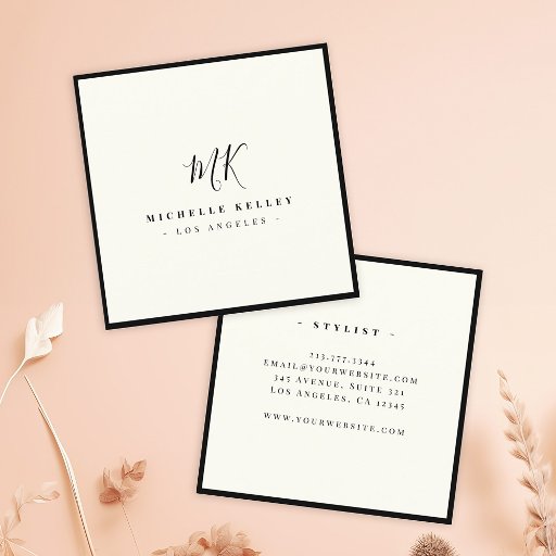 Customizable Luxury Minimal Monogram Black Ivory Classic Chic Square Business Card