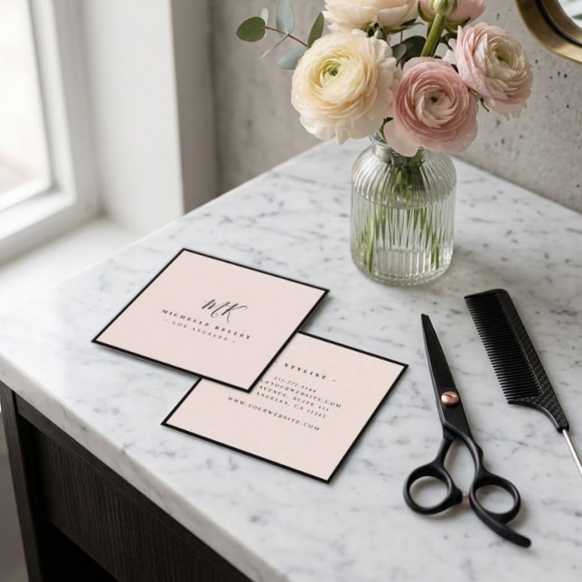 Luxury Minimal Monogram Blush Pink Classic Chic Square Business Card (Creator Uploaded)