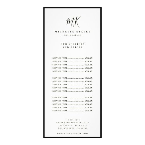 Luxury Minimal Monogram Chic Stylish Price List Rack Card