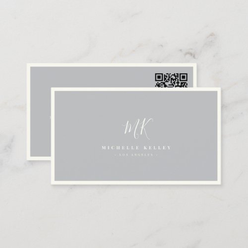 Luxury Minimal Monogram Grey Ivory Chic QR code Business Card