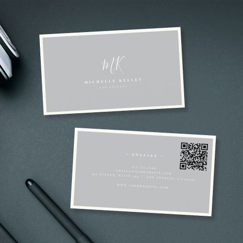 Luxury Minimal Monogram Grey Ivory Chic QR code Business Card