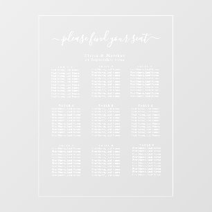Luxury Minimalist Clear Seating Chart White Text  Window Cling