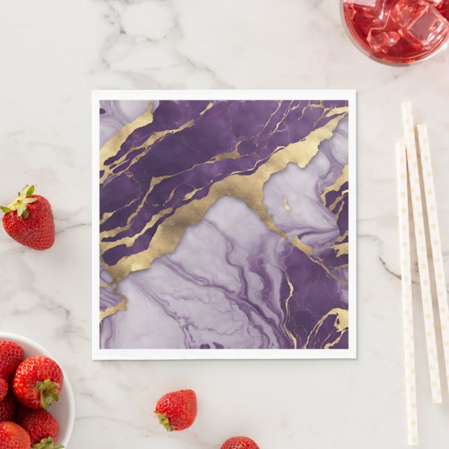 Luxury Minimalist Gold Lilac Purple Marble Swirl Napkins (Insitu)