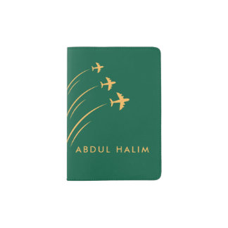 Luxury Minimalist Gold Plane & Custom Name Forest  Passport Holder