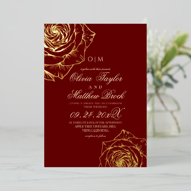 Luxury Minimalist Gold Rose Red Wedding  Foil Invitation (Standing Front)