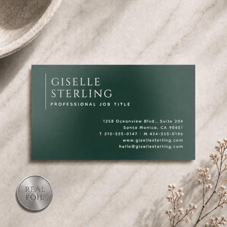 Luxury Minimalist Green Silver Foil Business Cards