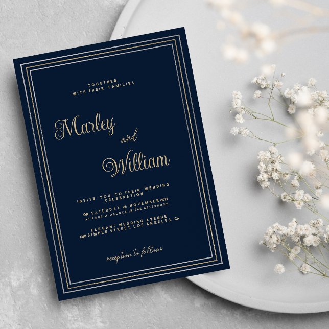 Luxury minimalist navy blue gold silver Wedding Invitation (Luxury minimalist navy blue gold silver Wedding )