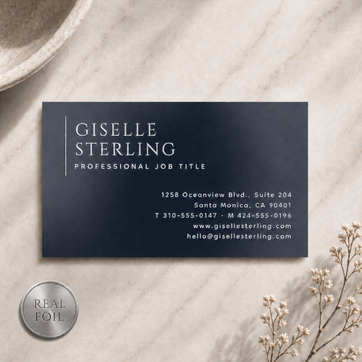 Luxury Minimalist Navy Blue Silver Foil Business Cards