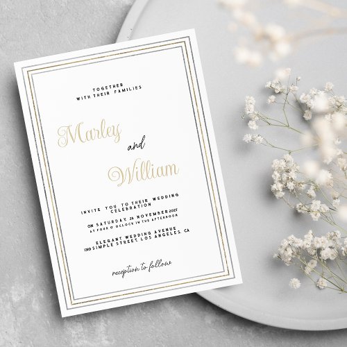 Luxury minimalist white gold silver frame Wedding Invitation