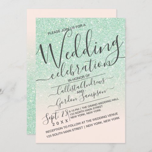 Luxury Mint Pink Sparkly Glitter Ombre Wedding Invitation