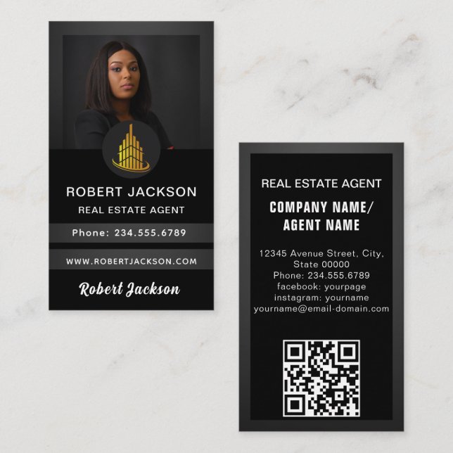 Luxury Modern add Photo Real Estate Agent Black Business Card (Front/Back)