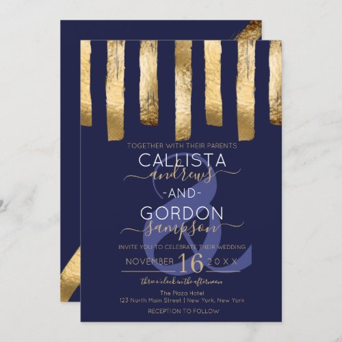 Luxury Modern Artsy Navy Blue Gold Stripes Wedding Invitation