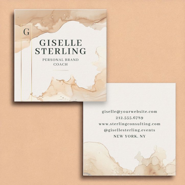 Luxury Modern Beige Watercolor Gold Foil Square Business Card