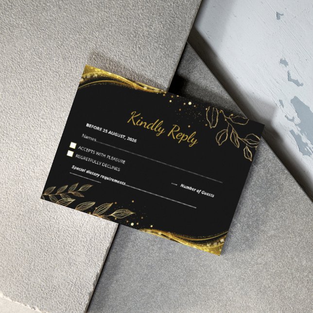 Luxury Modern Black Gold Floral Wedding RSVP Card (Creator Uploaded)