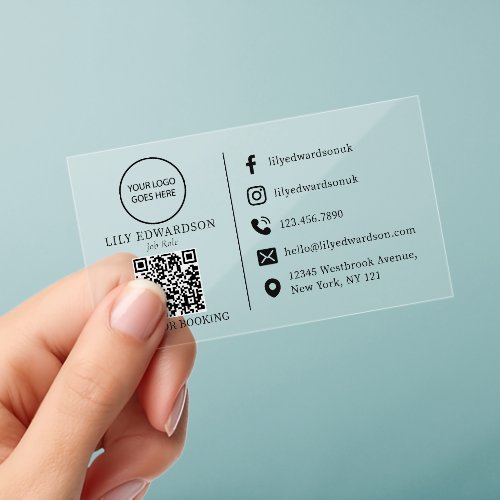 Luxury Modern Custom Logo Social Icons QR Code Clear Business Cards