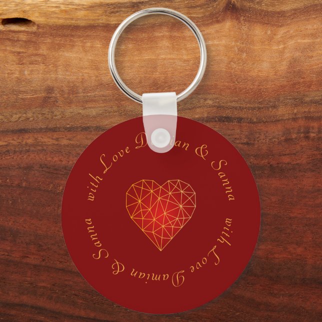Luxury modern geometric gold red heart love keychain (Front)