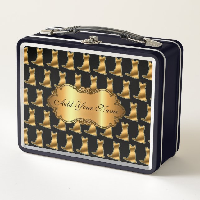 Luxury Modern Gold Cat Add Your Text Metal Lunch Box (Front)