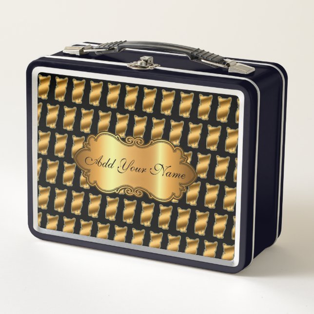 Luxury Modern Gold Cat Add Your Text Metal Lunch Box (Front)