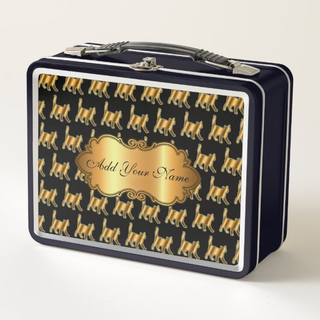Luxury Modern Gold Cat Add Your Text Metal Lunch Box (Front)