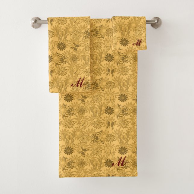 Luxury Modern Gold Natural Floral Butterfly Bath Towel Set (Insitu)