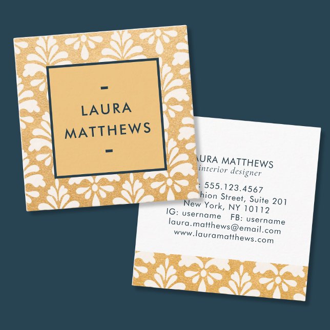 Luxury Modern Gold Navy Damask Professional Square Business Card (Creator Uploaded)