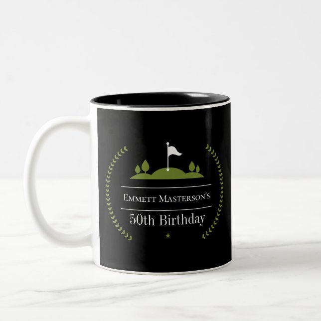 Luxury Modern Golfer 50th Birthday Party Two-Tone Coffee Mug (Left)