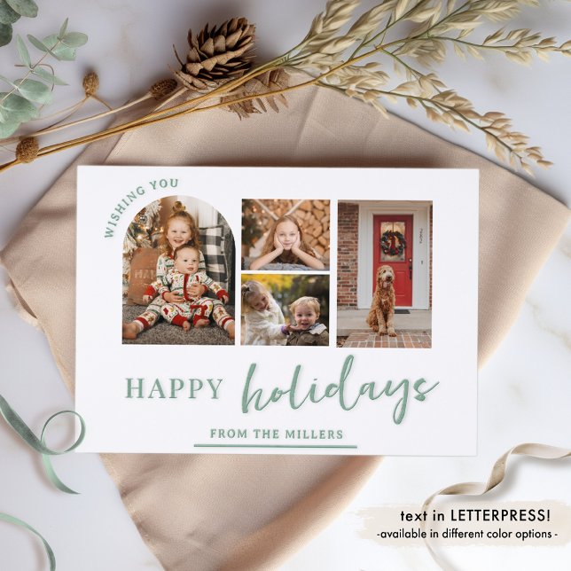Luxury Modern Minimal Four-Photo Collage Holiday Letterpress Photo Cards (Creator Uploaded)