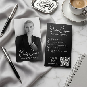Luxury Modern Minimal Photo QR Code Black Silver Foil Business Cards