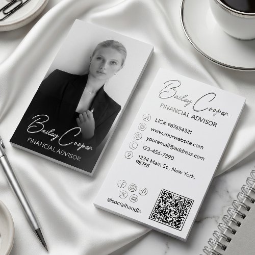Luxury Modern Minimal Photo QR Code Silver Foil Business Cards
