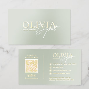 Luxury Modern Minimalist Elegant Sage Green Gold Foil Spot Gloss Business Cards