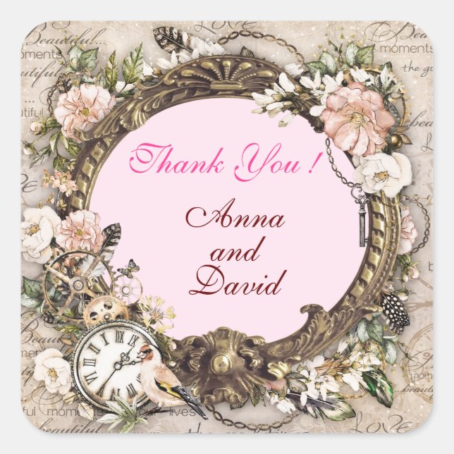 Luxury Modern Pink Rose Add Your Text Square Stick Sticker (Front)