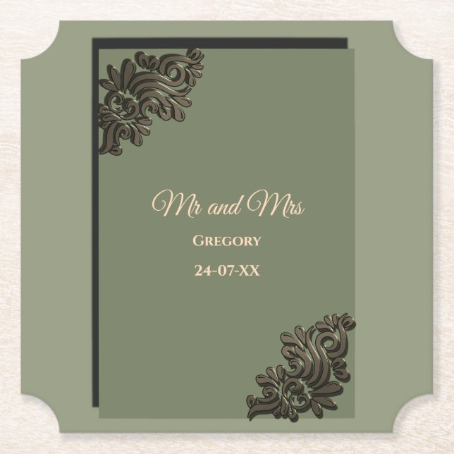 Luxury Modern Sage green & gold metallic Paper Coaster (Front)