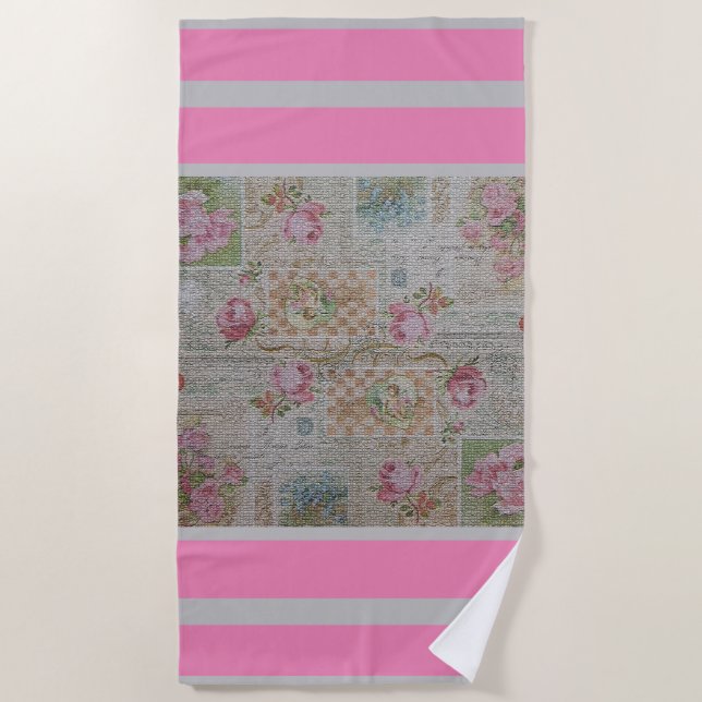 Luxury Modern Vintage Floral Rose Beach Towel (Front)