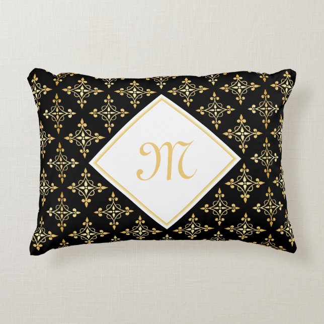 Luxury Monogram Black and Gold Quatre Floral Decorative Pillow (Front)