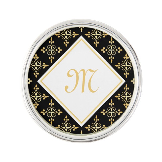 Luxury Monogram Black and Gold Quatre Floral Lapel Pin (Front)
