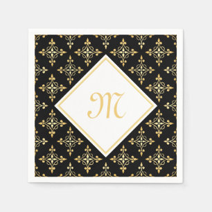 Luxury Monogram Black and Gold Quatre Floral Napkins