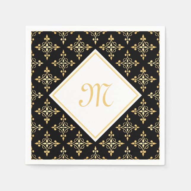 Luxury Monogram Black and Gold Quatre Floral Napkins (Front)
