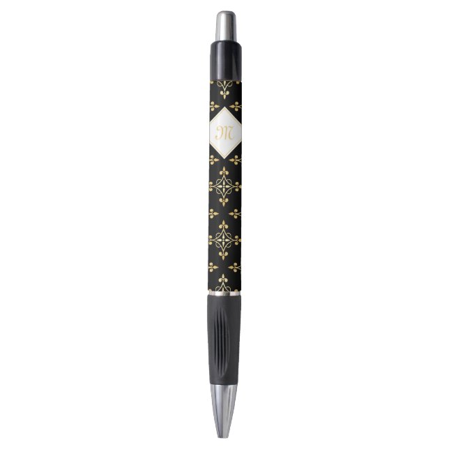 Luxury Monogram Black and Gold Quatre Floral Pen (Front Vertical)