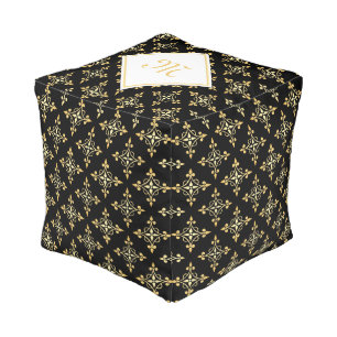Luxury Monogram Black and Gold Quatre Floral Pouf