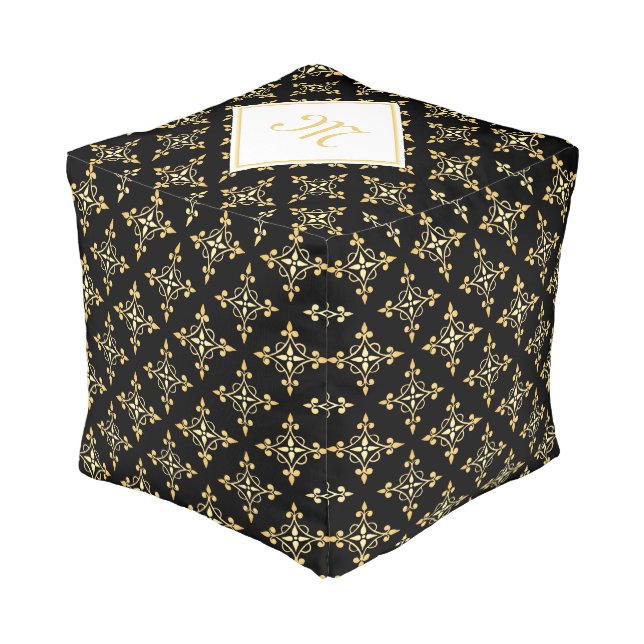 Luxury Monogram Black and Gold Quatre Floral Pouf (Angled Front)