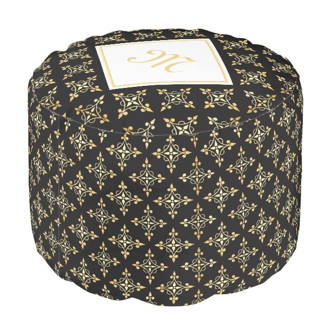 Luxury Monogram Black and Gold Quatre Floral Pouf (Angled Back)