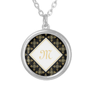 Luxury Monogram Black and Gold Quatre Floral Silver Plated Necklace