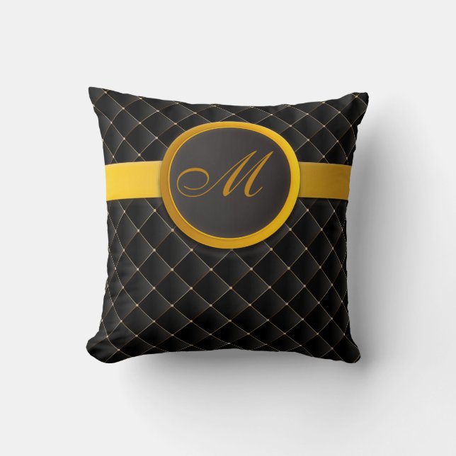Luxury Monogram Black Diamond Upholstered Leather Throw Pillow (Front)