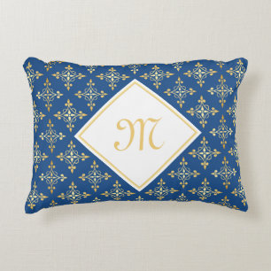 Luxury Monogram Blue and Gold Quatre Floral Accent Pillow