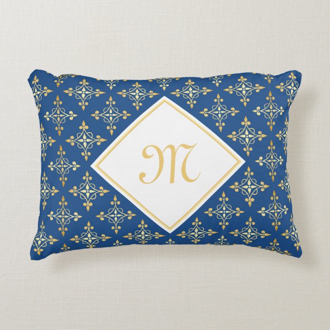 Luxury Monogram Blue and Gold Quatre Floral Accent Pillow (Front)