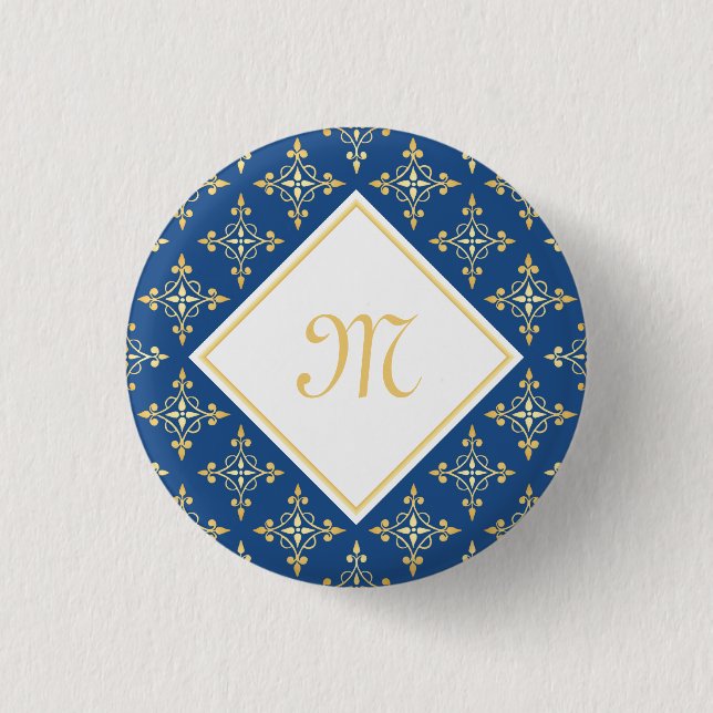 Luxury Monogram Blue and Gold Quatre Floral Button (Front)