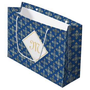 Luxury Monogram Blue And Gold Quatre Floral Large Gift Bag by ohsogirly at Zazzle