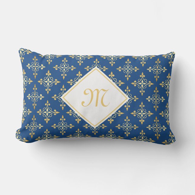 Luxury Monogram Blue and Gold Quatre Floral Lumbar Pillow (Front)